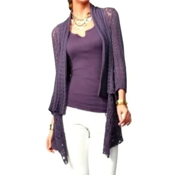 CABI Women Sweater Waterfall Open Front Crochet Cardigan Sz M Purple 79-32 - Picture 2 of 11
